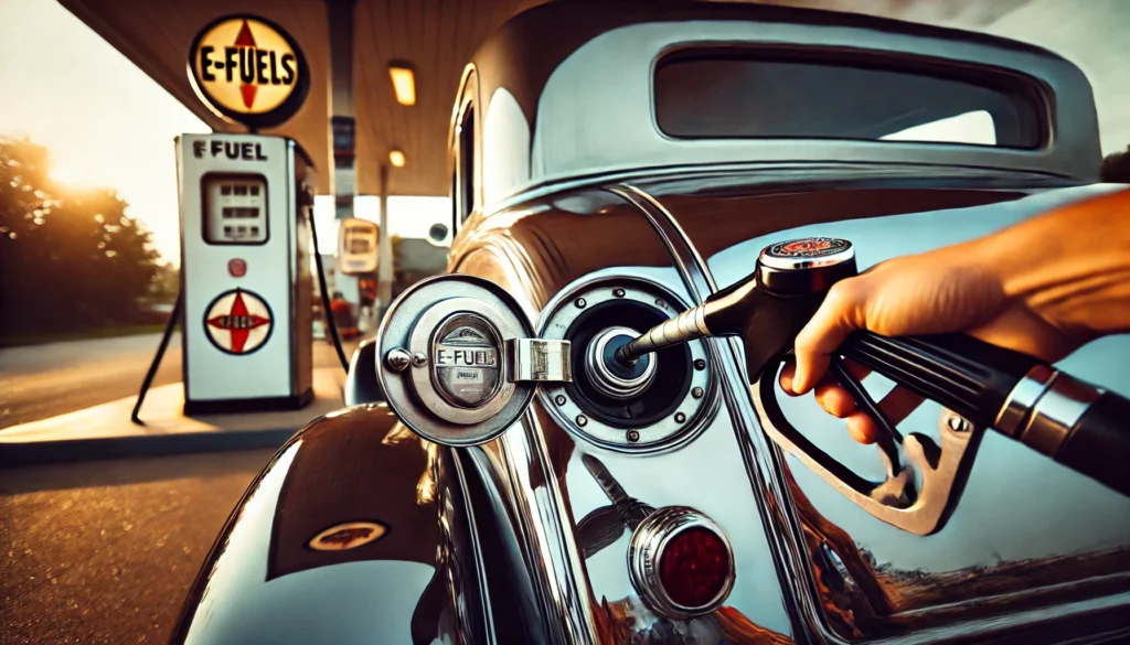 Dall·e 2024 09 05 09.06.16 A Wide Angle, 16 9 Format Image Showing The Rear Of A Vintage Car Being Refueled, With An Open Fuel Cap At The Back. The Fuel Nozzle, With The E Fuels